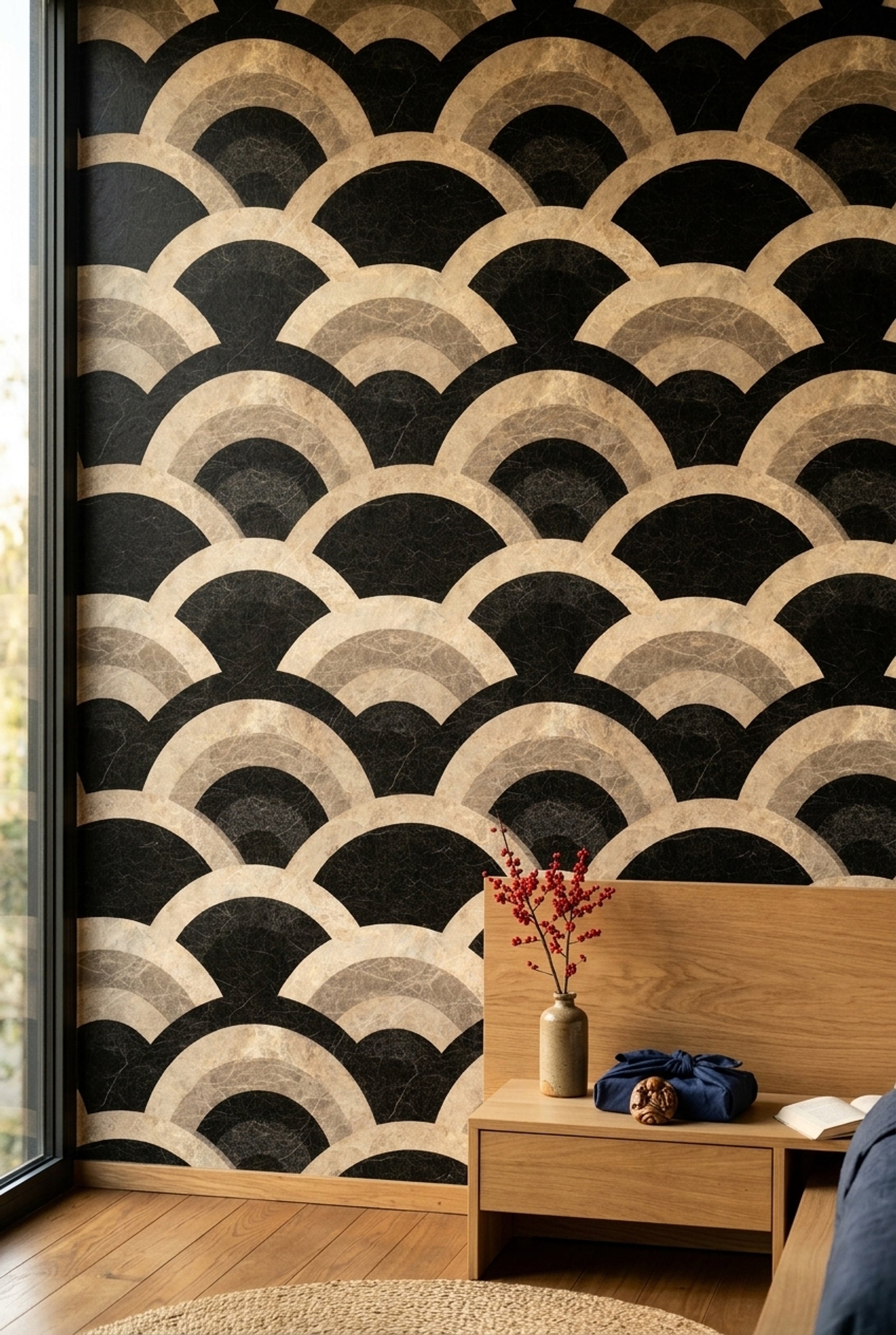 Art Deco Kemer Desenli Duvar Kağıdı Siyah Bej Salon