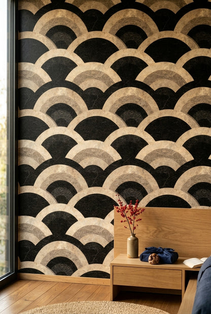 Art Deco Kemer Desenli Duvar Kağıdı Siyah Bej Salon