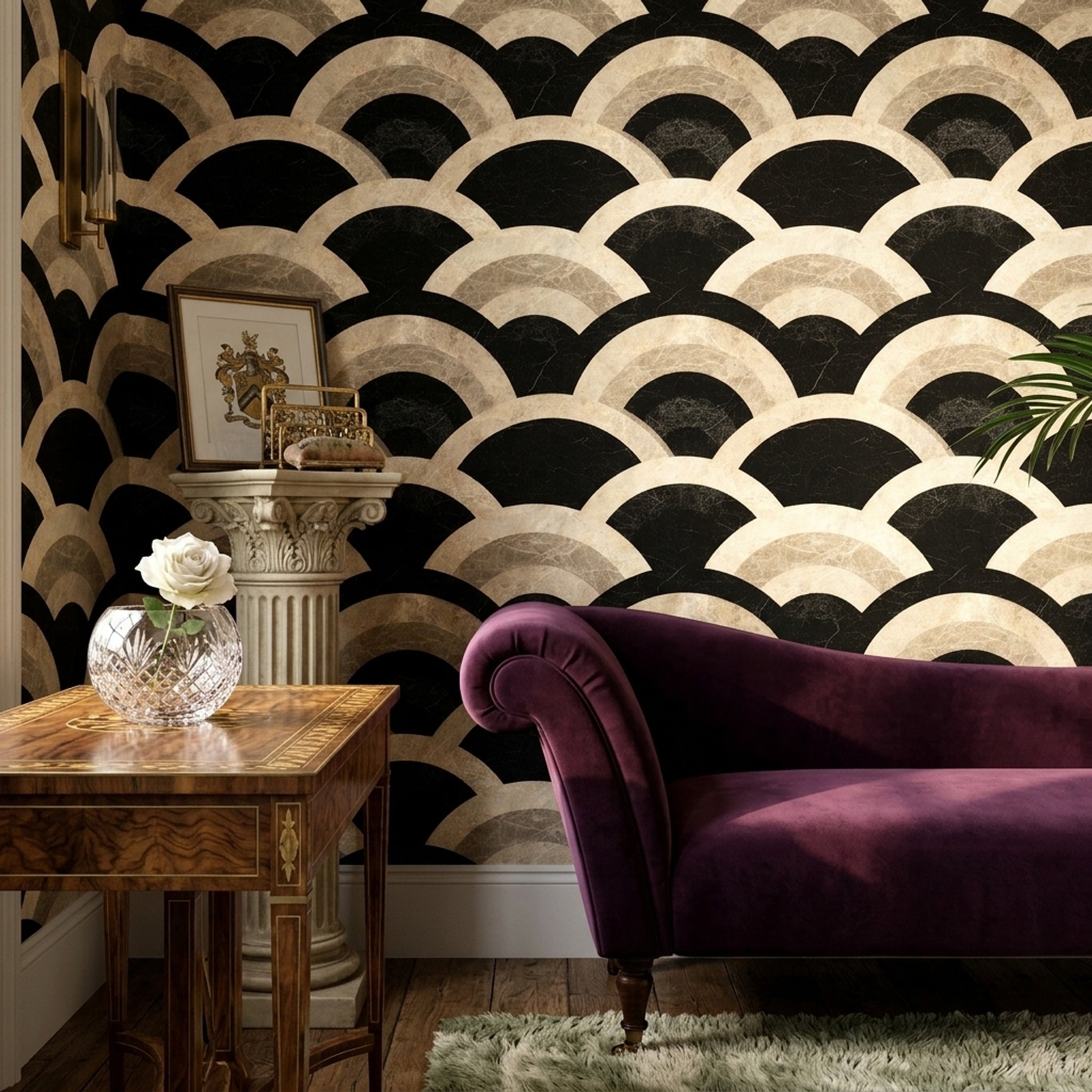 Art Deco Kemer Desenli Duvar Kağıdı Siyah Bej Salon