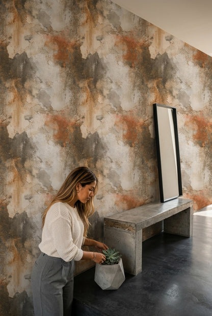 Soyut Bulut Desenli Duvar Kağıdı Bej Turuncu Salon