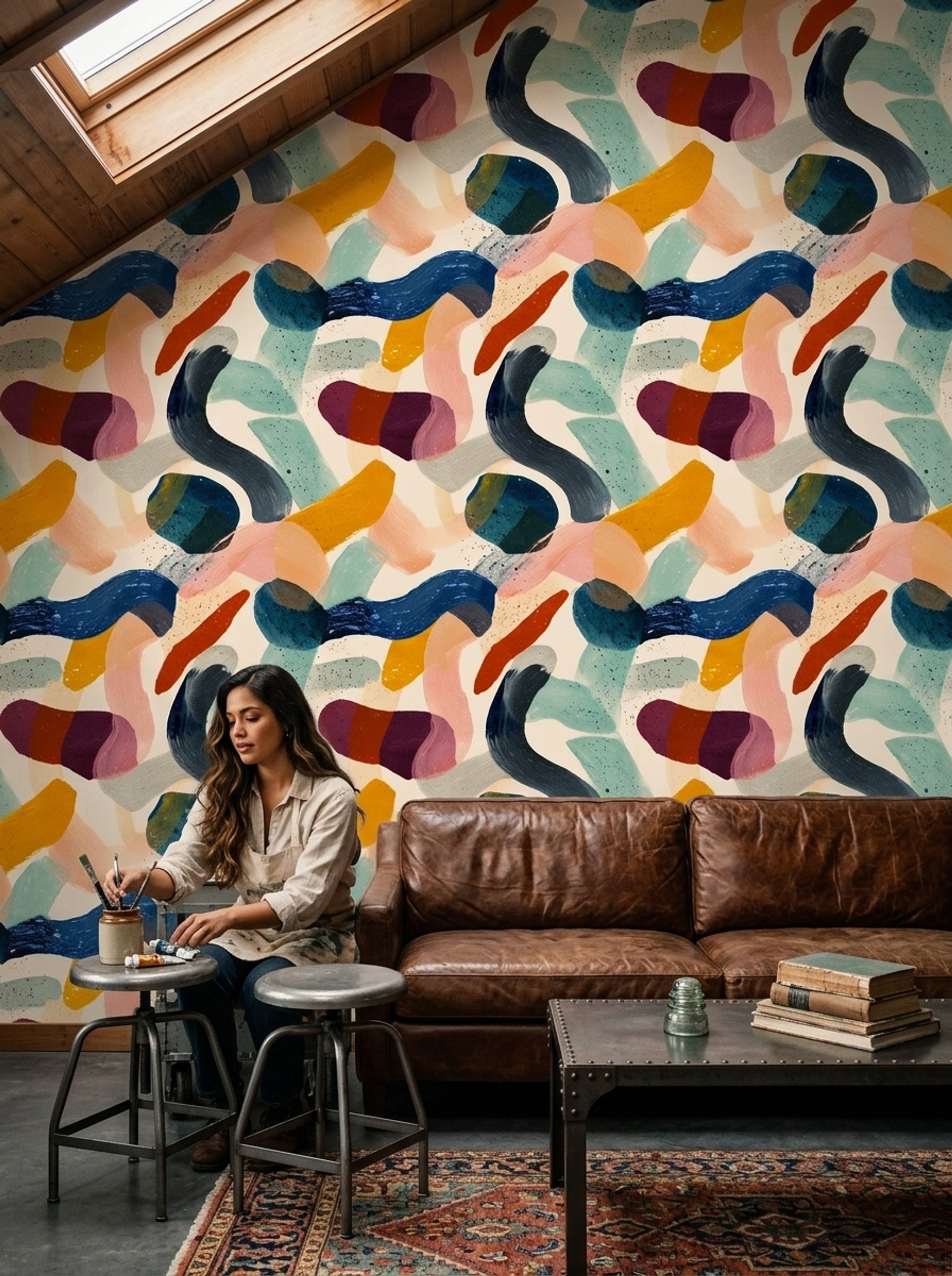 Soyut Fırça Darbeli Duvar Kağıdı Renkli Modern Salon