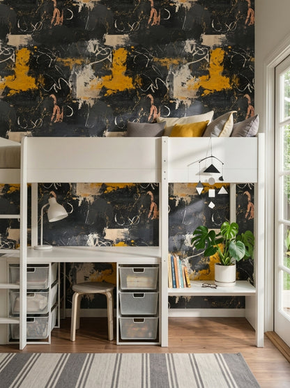 Soyut Fırça Darbeli Duvar Kağıdı Siyah Sarı Salon