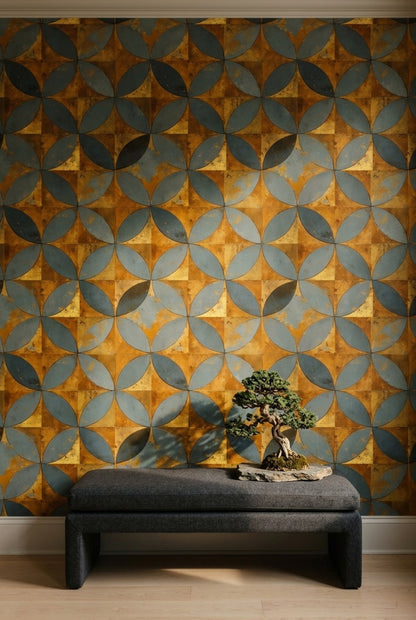 Geometrik Daire Motifli Duvar Kağıdı Mavi Hardal Salon
