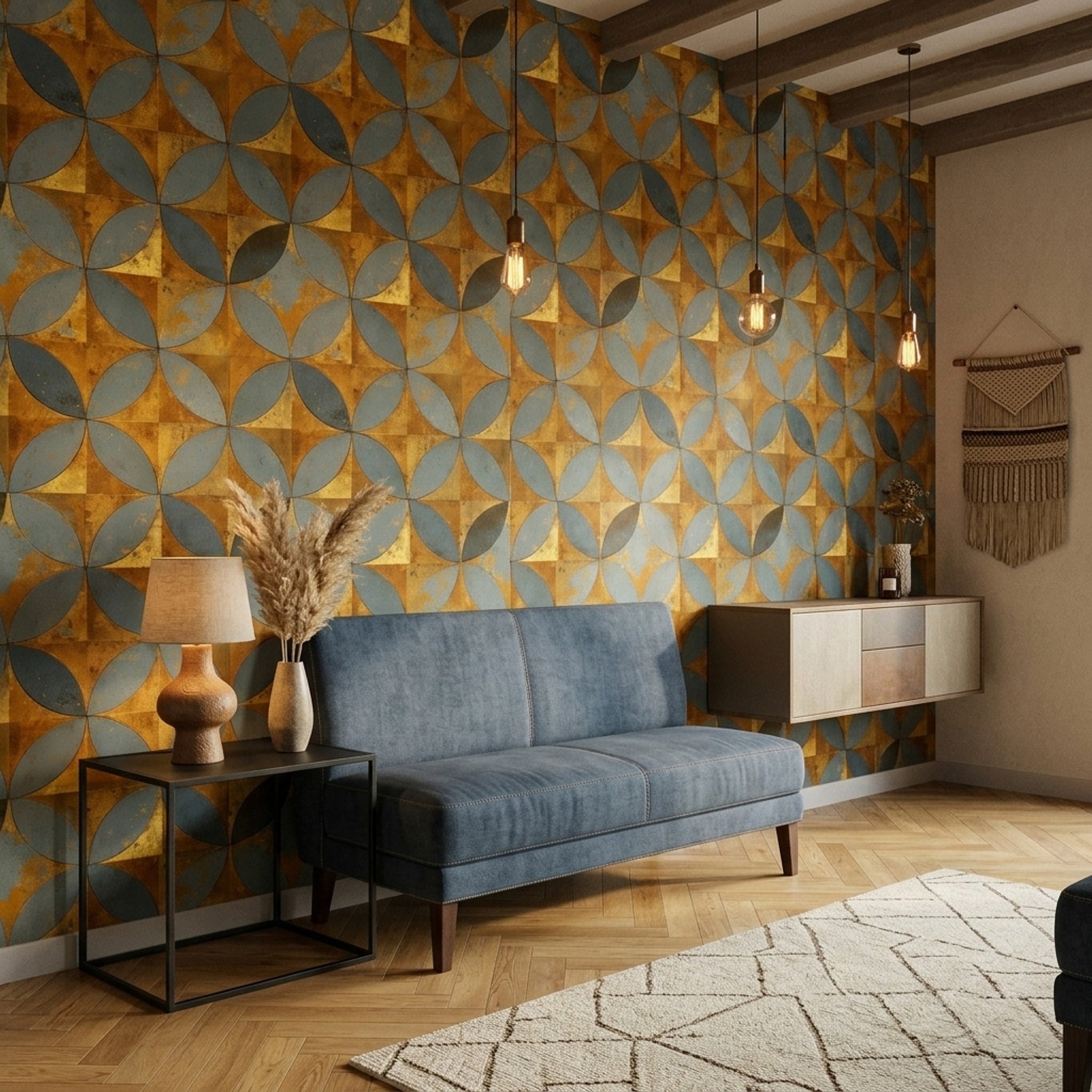 Geometrik Daire Motifli Duvar Kağıdı Mavi Hardal Salon