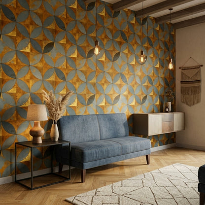 Geometrik Daire Motifli Duvar Kağıdı Mavi Hardal Salon