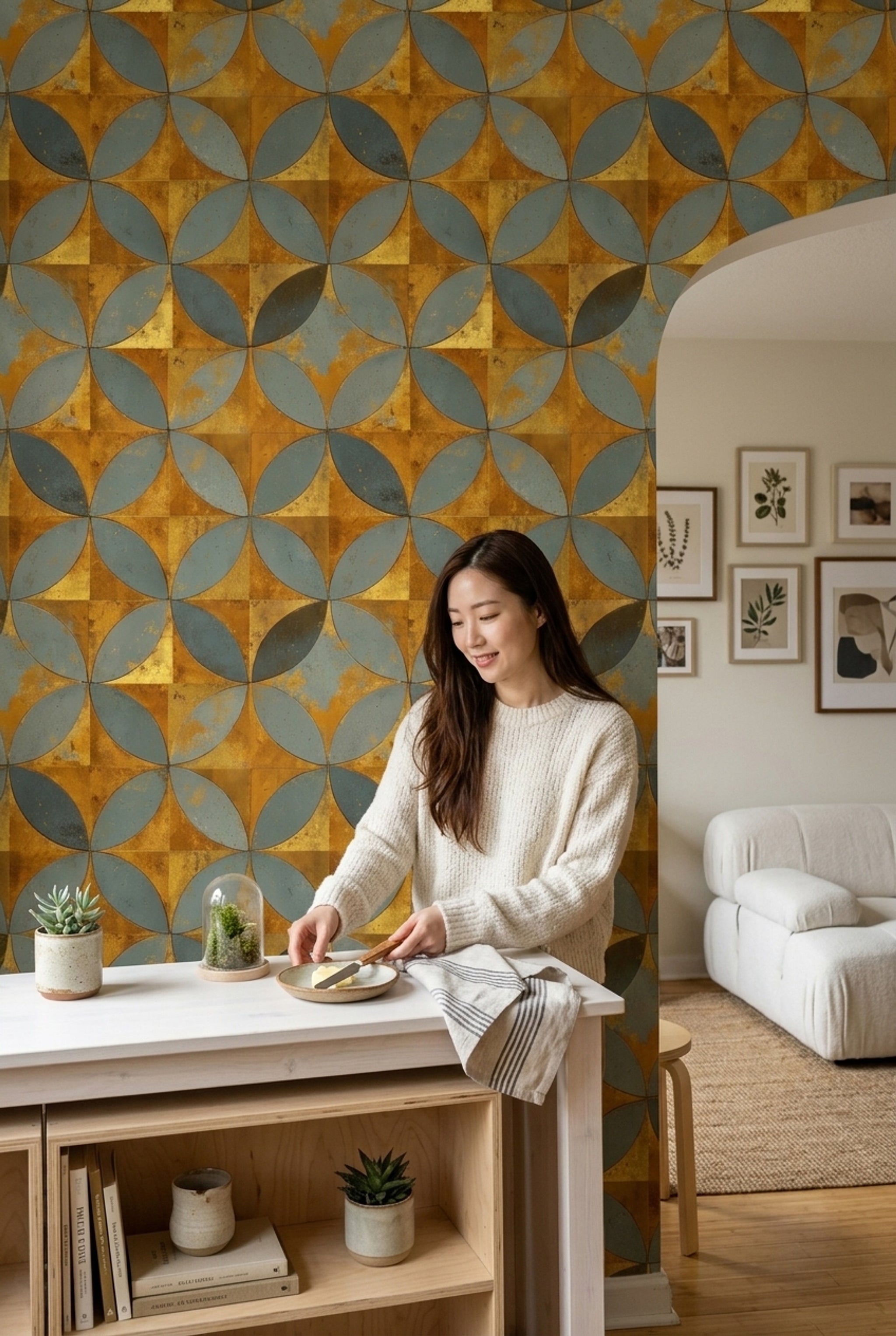 Geometrik Daire Motifli Duvar Kağıdı Mavi Hardal Salon