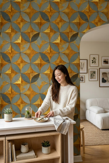 Geometrik Daire Motifli Duvar Kağıdı Mavi Hardal Salon