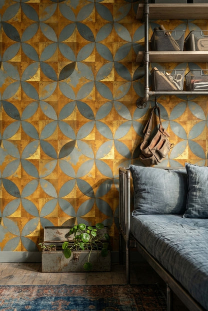 Geometrik Daire Motifli Duvar Kağıdı Mavi Hardal Salon