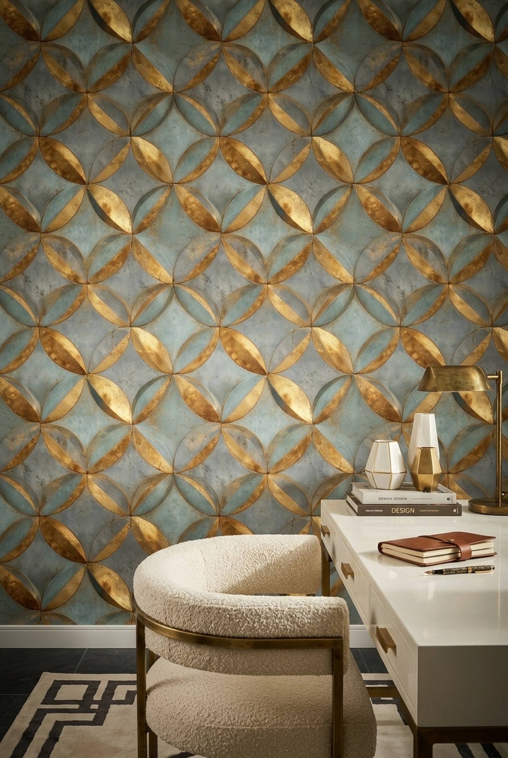 Geometrik Halkalı Duvar Kağıdı Mavi Altın Modern Salon