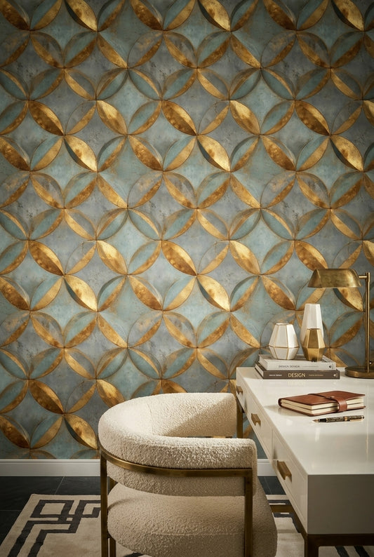Geometrik Halkalı Duvar Kağıdı Mavi Altın Modern Salon