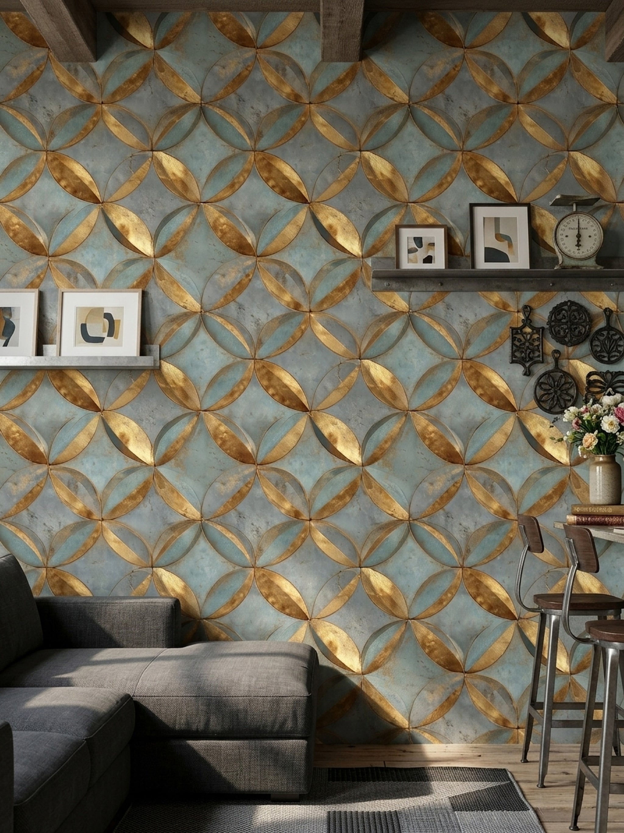 Geometrik Halkalı Duvar Kağıdı Mavi Altın Modern Salon