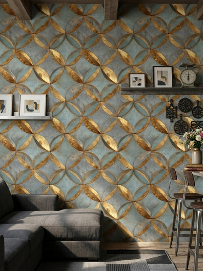 Geometrik Halkalı Duvar Kağıdı Mavi Altın Modern Salon