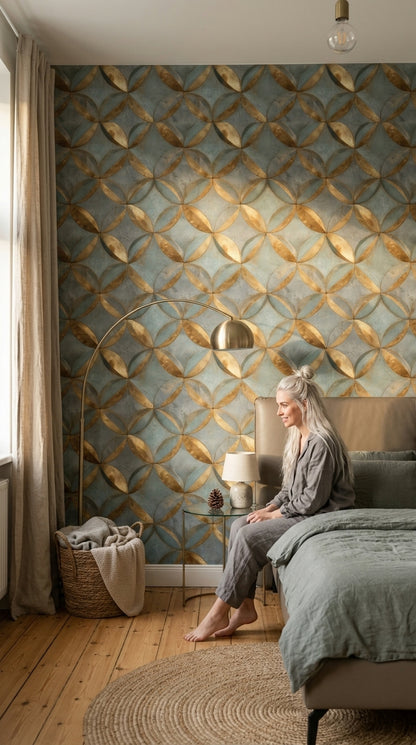 Geometrik Halkalı Duvar Kağıdı Mavi Altın Modern Salon
