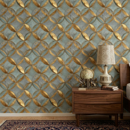 Geometrik Halkalı Duvar Kağıdı Mavi Altın Modern Salon