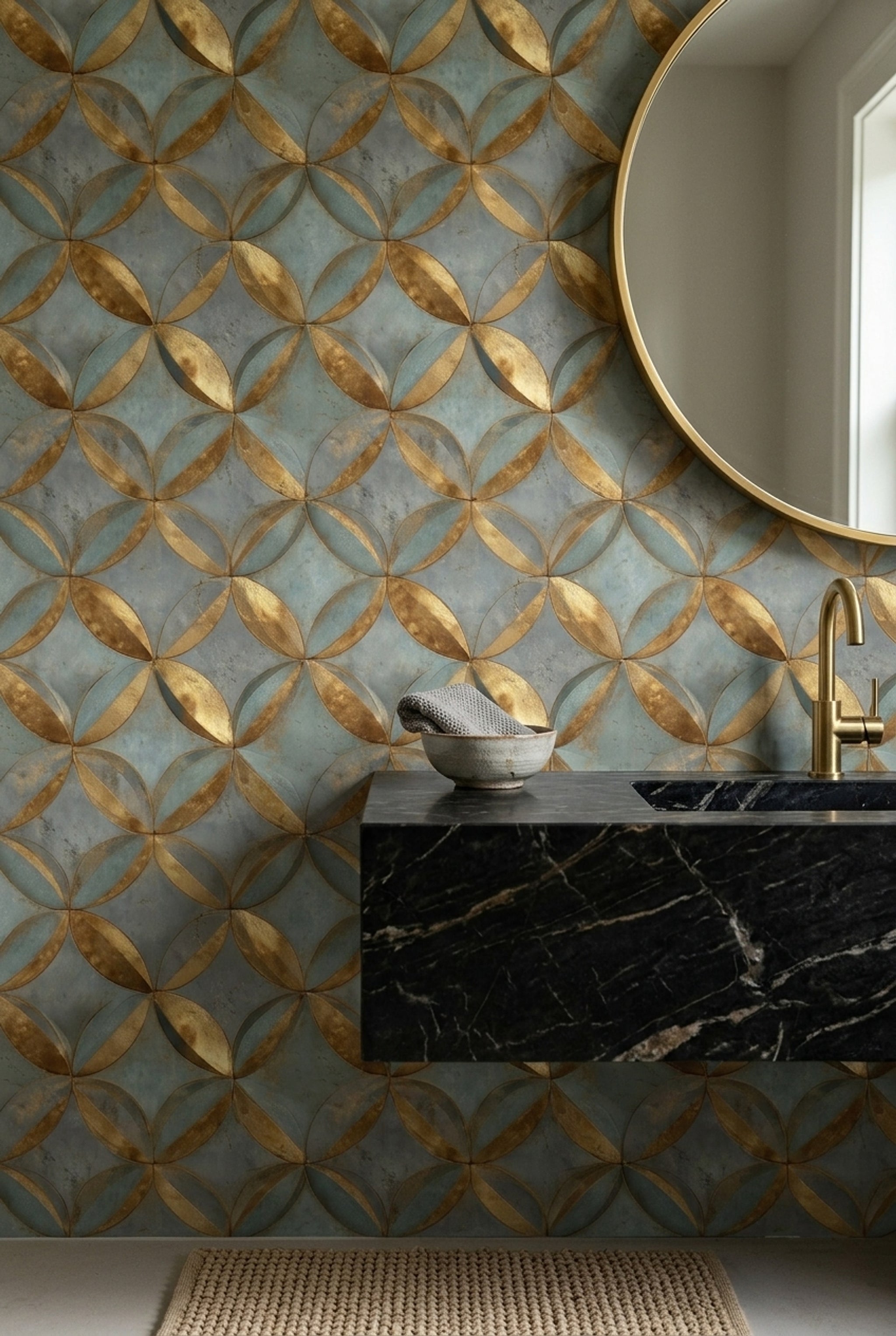 Geometrik Halkalı Duvar Kağıdı Mavi Altın Modern Salon