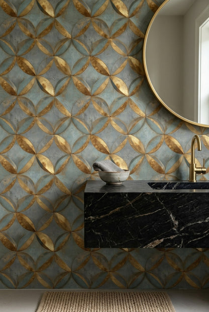 Geometrik Halkalı Duvar Kağıdı Mavi Altın Modern Salon