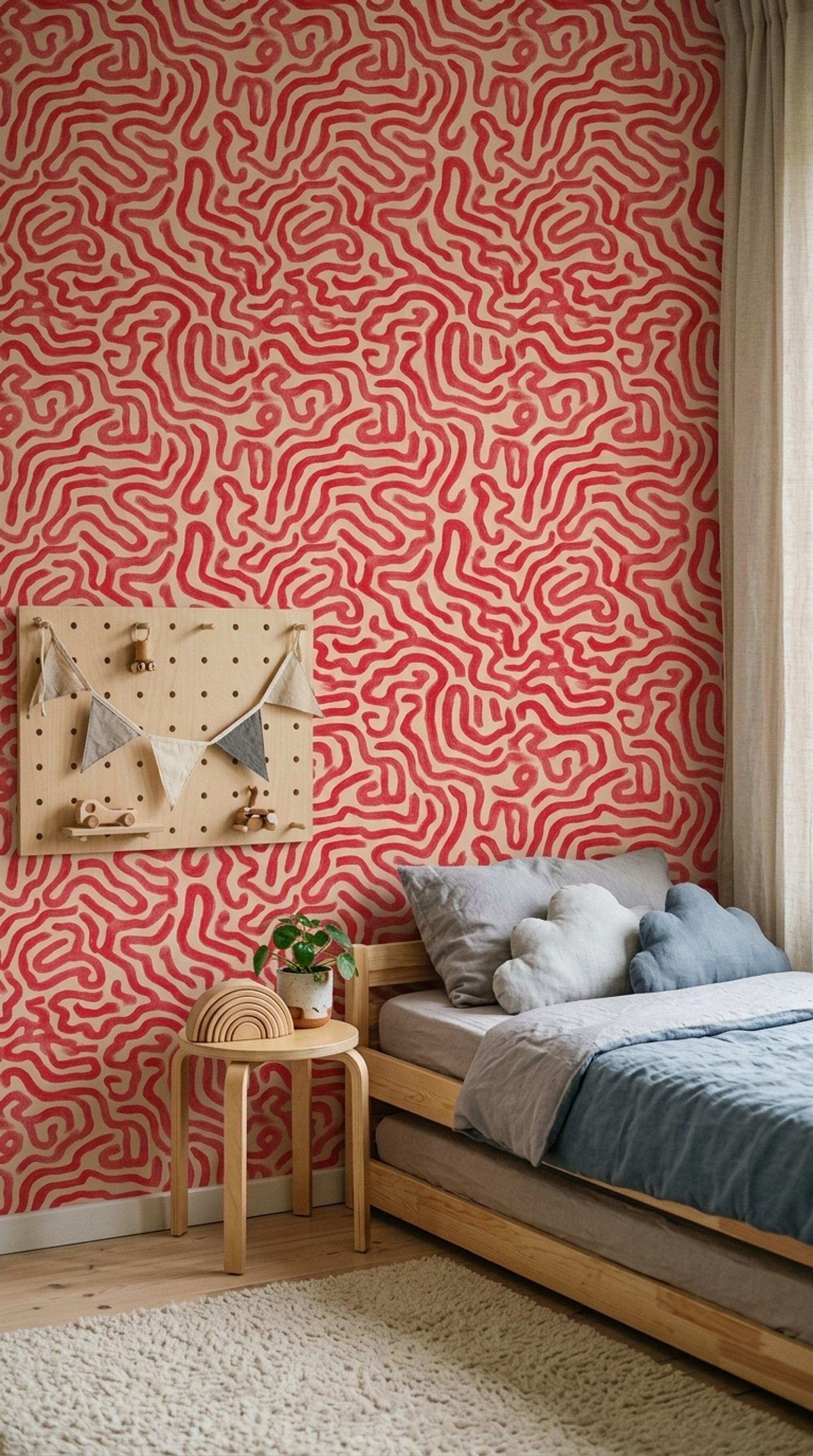 Kırmızı Organik Desenli Duvar Kağıdı Modern Çocuk Odası