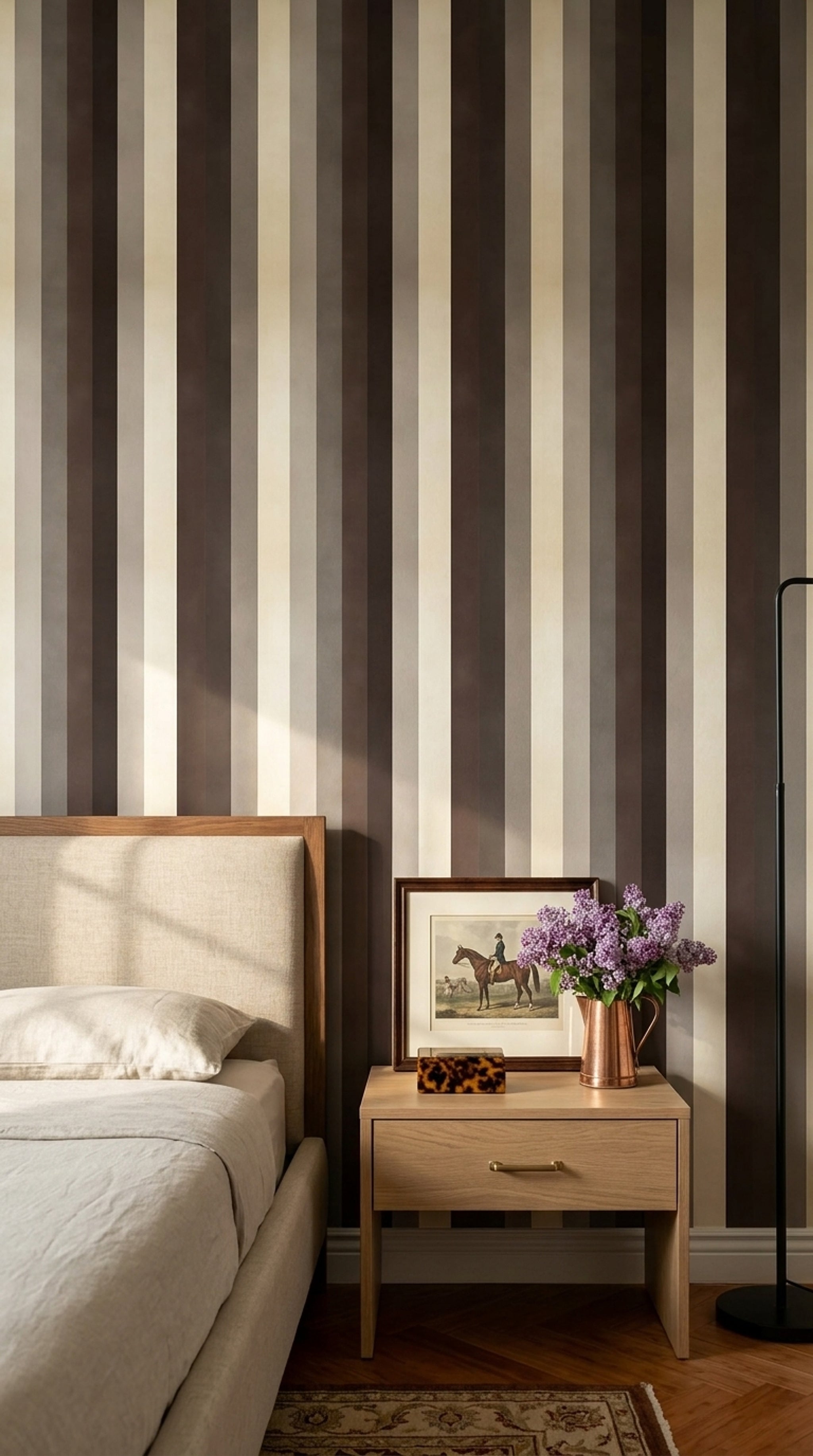 Dikey Çizgili Duvar Kağıdı Bej Kahverengi Modern Salon