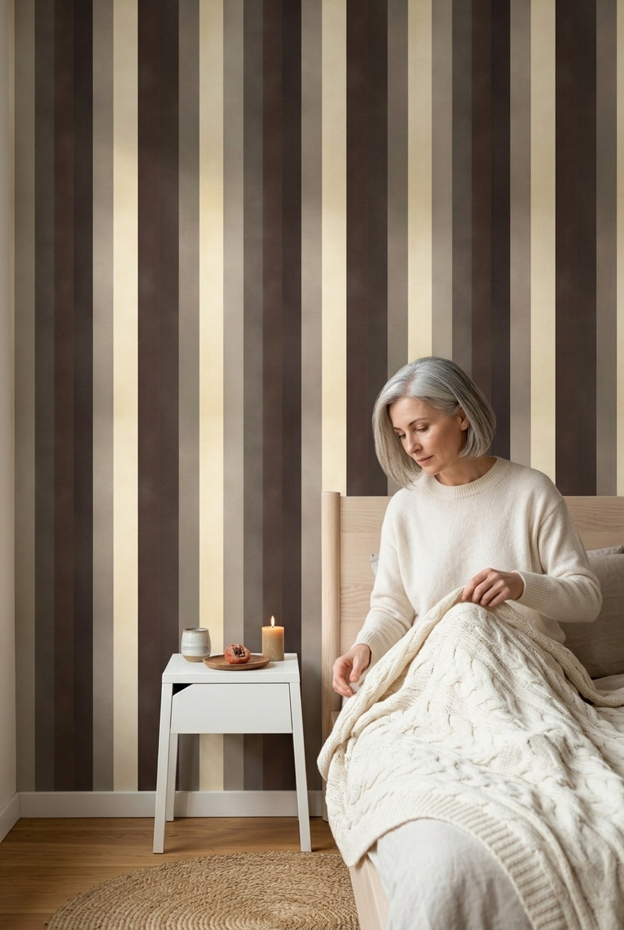 Dikey Çizgili Duvar Kağıdı Bej Kahverengi Modern Salon