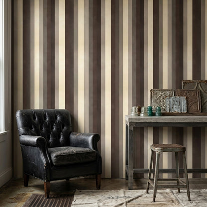 Dikey Çizgili Duvar Kağıdı Bej Kahverengi Modern Salon