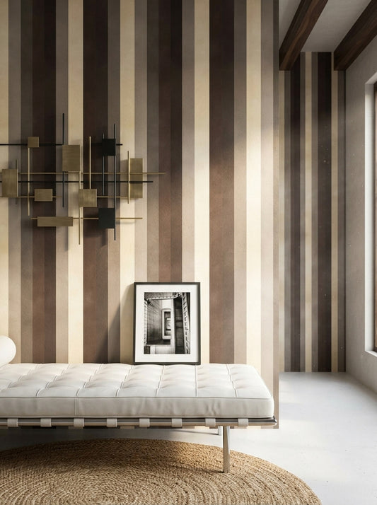 Dikey Çizgili Duvar Kağıdı Bej Kahverengi Modern Salon