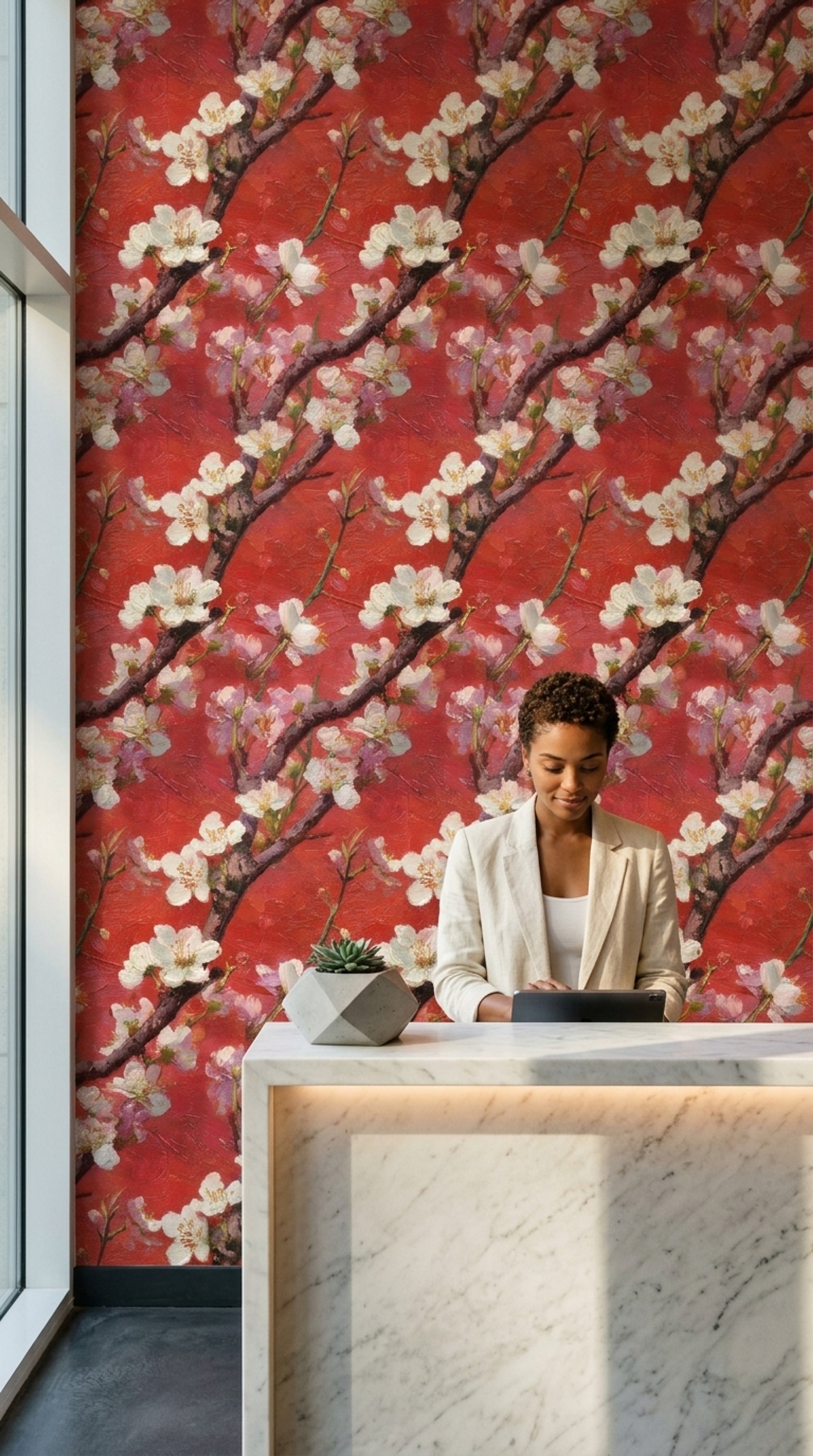 Kırmızı Zeminli Sakura Çiçekli Duvar Kağıdı Salon Dekoru