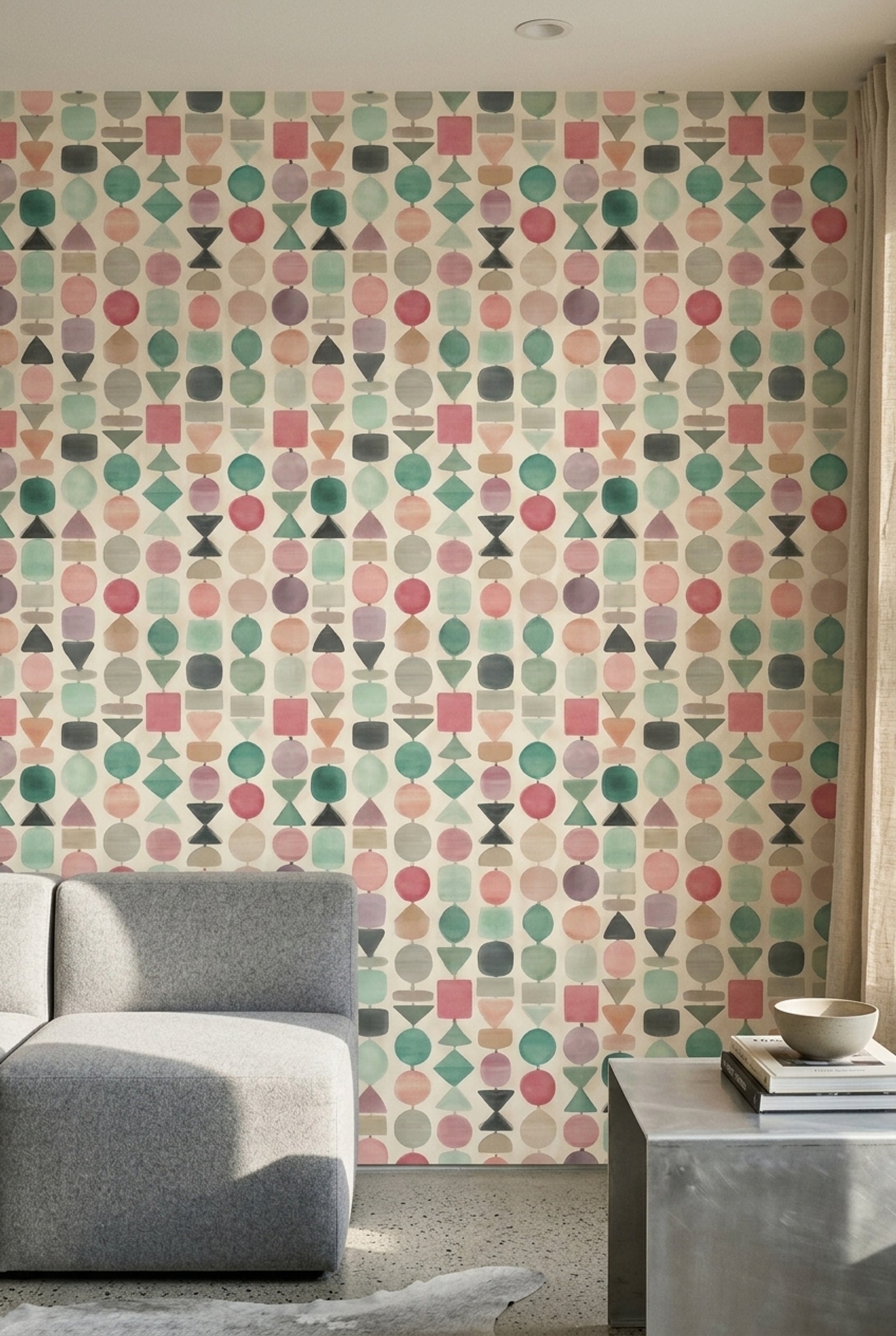 Renkli Geometrik Duvar Kağıdı Pastel Desenli Salon Dekoru