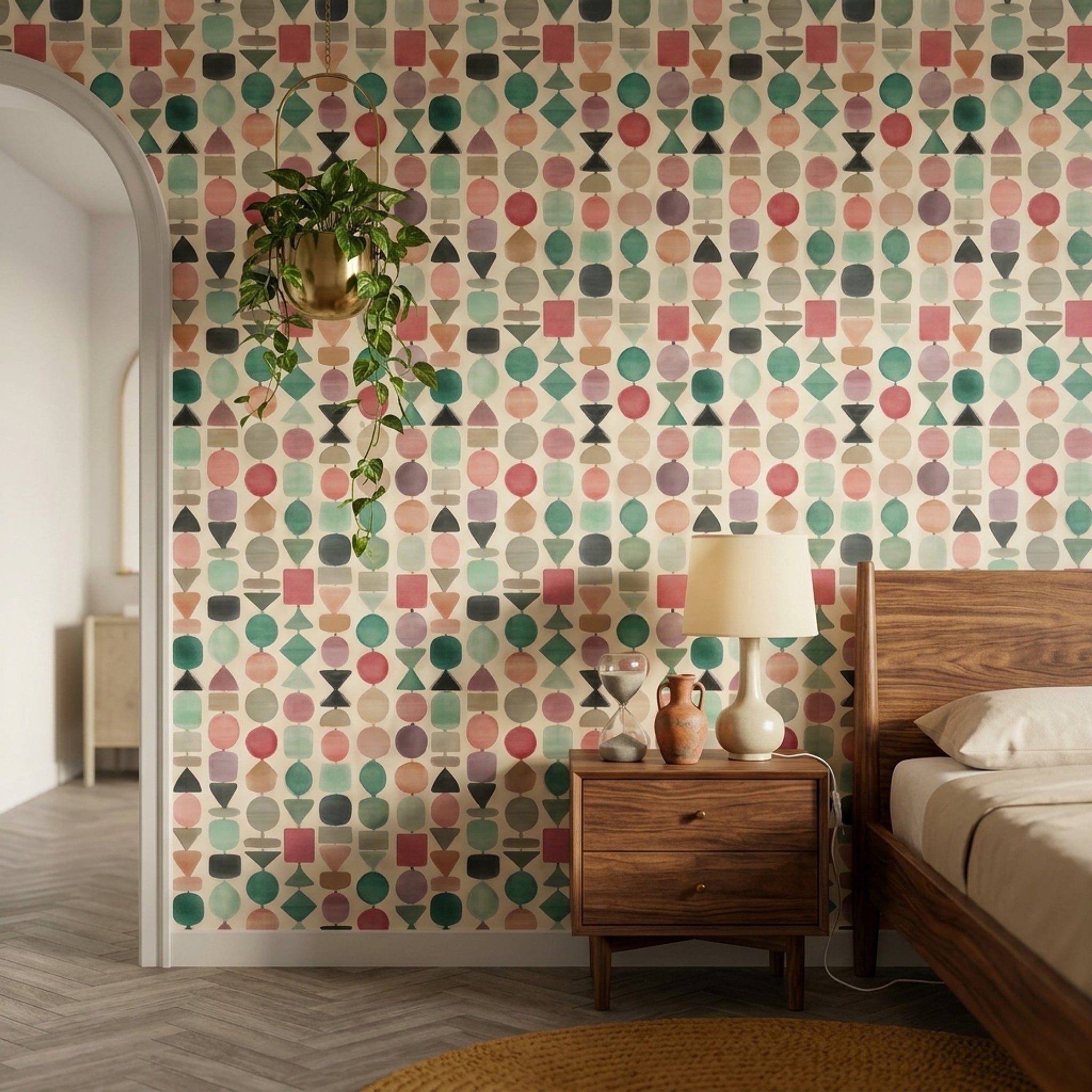 Renkli Geometrik Duvar Kağıdı Pastel Desenli Salon Dekoru