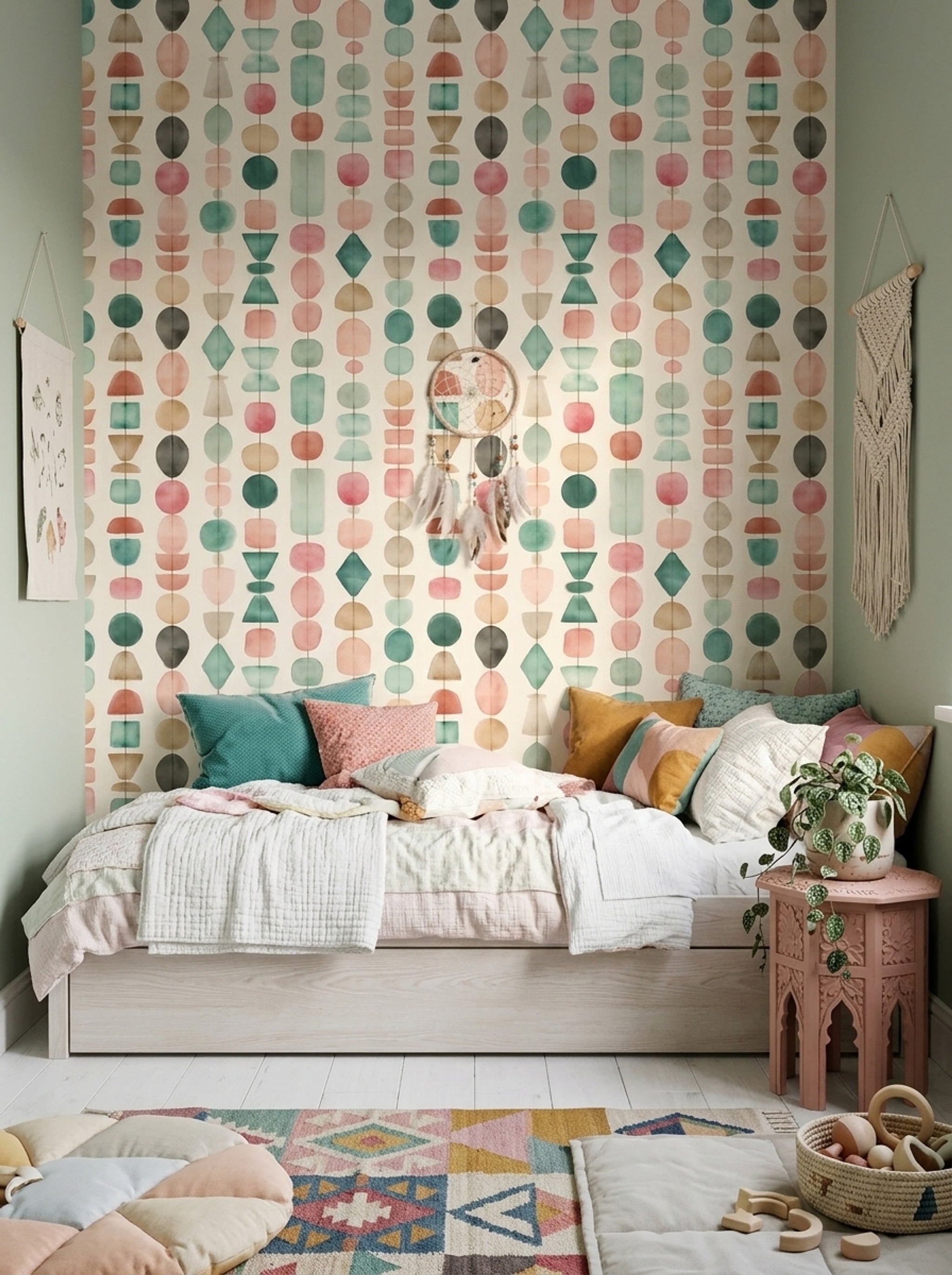 Geometrik Şekilli Duvar Kağıdı Pastel Renkli Modern Salon