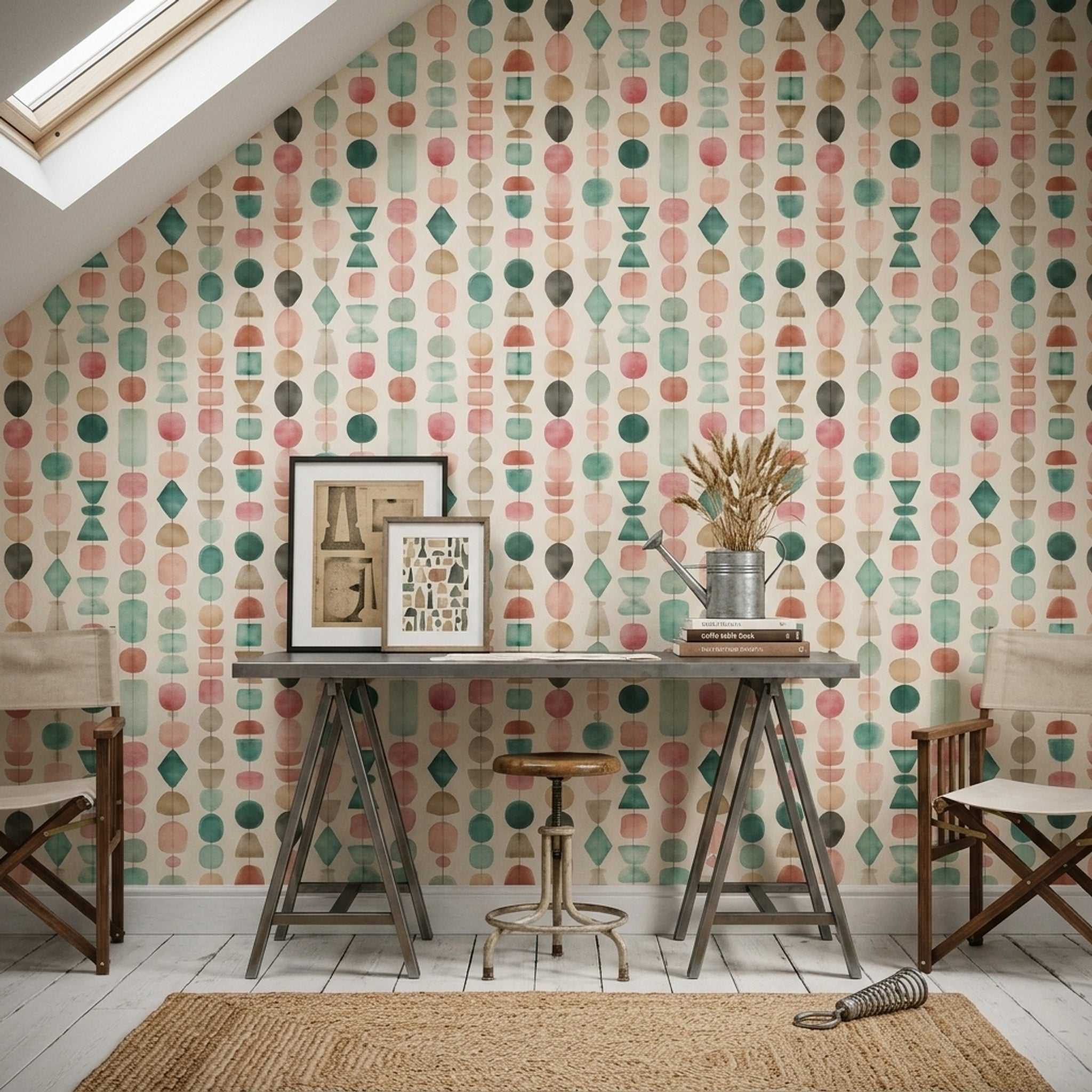 Geometrik Şekilli Duvar Kağıdı Pastel Renkli Modern Salon