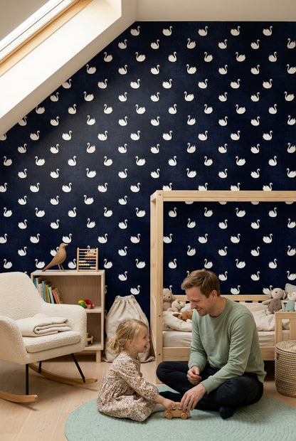 Kuğulu Duvar Kağıdı Lacivert Minimal Çocuk Odası Deseni