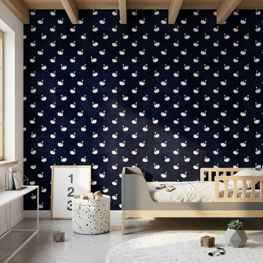Kuğulu Duvar Kağıdı Lacivert Minimal Çocuk Odası Deseni