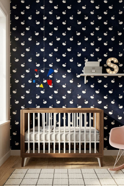 Kuğulu Duvar Kağıdı Lacivert Minimal Çocuk Odası Deseni