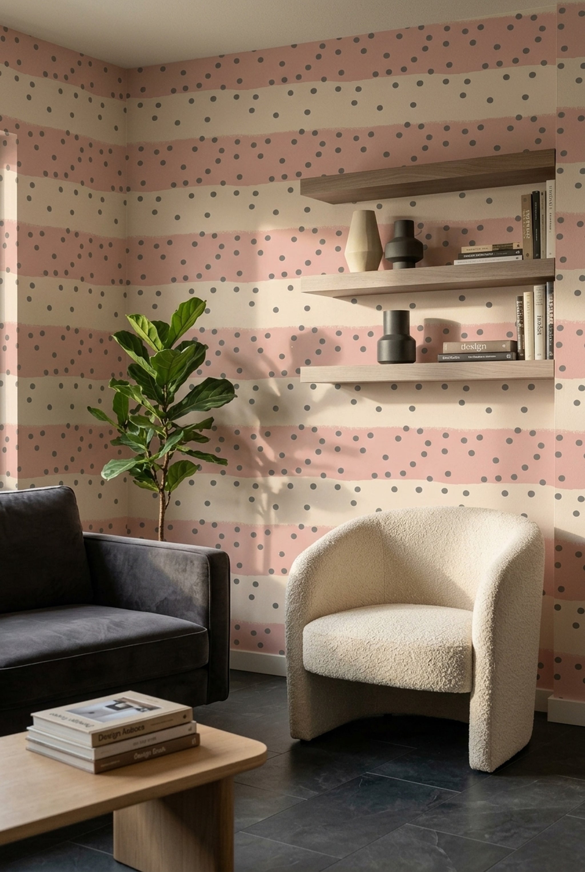 Puantiyeli Çizgili Duvar Kağıdı Pudra Pembe Modern Yatak Odası