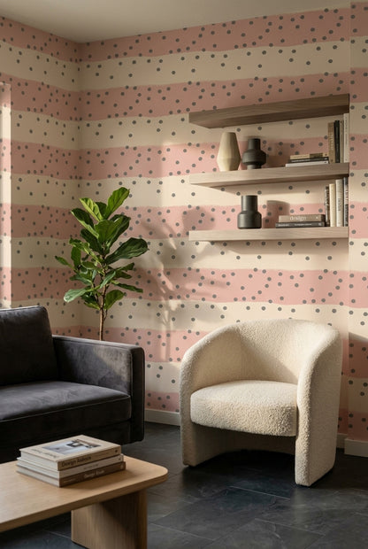Puantiyeli Çizgili Duvar Kağıdı Pudra Pembe Modern Yatak Odası