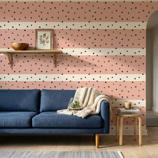 Puantiye Çizgili Duvar Kağıdı Pudra Pembe Salon Duvarı