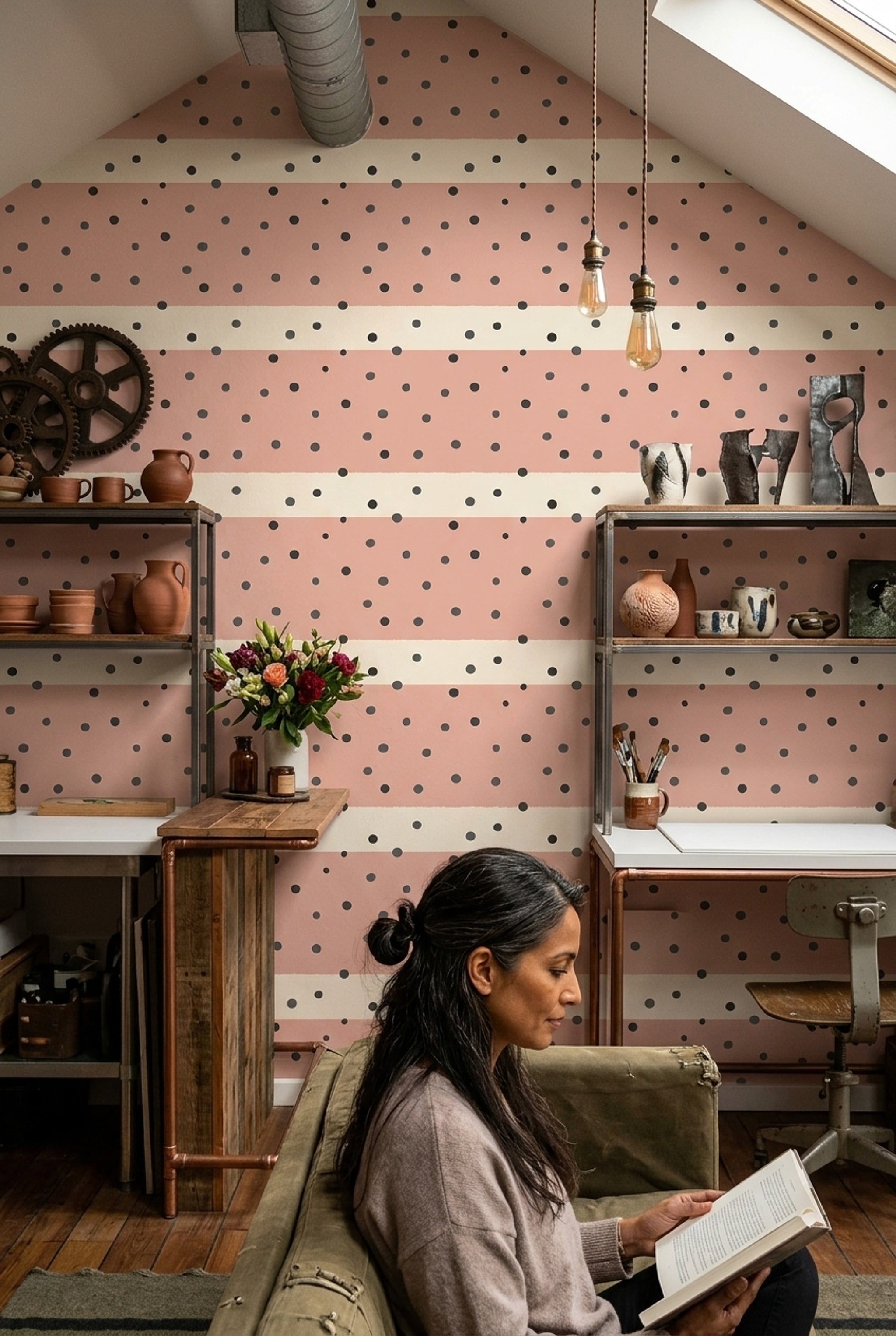 Puantiye Çizgili Duvar Kağıdı Pudra Pembe Salon Duvarı