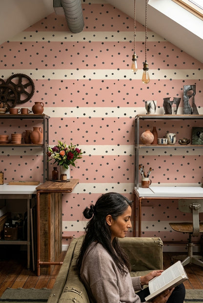 Puantiye Çizgili Duvar Kağıdı Pudra Pembe Salon Duvarı