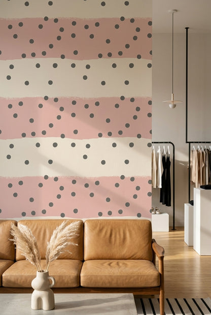 Puantiyeli Çizgili Duvar Kağıdı Pudra Pembe Modern Yatak Odası