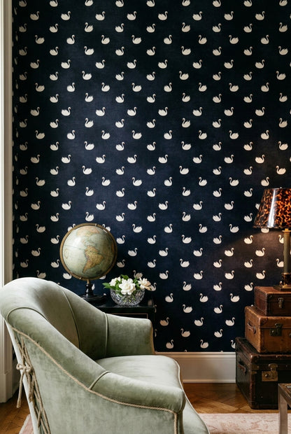Kuğulu Duvar Kağıdı Lacivert Minimal Çocuk Odası Deseni