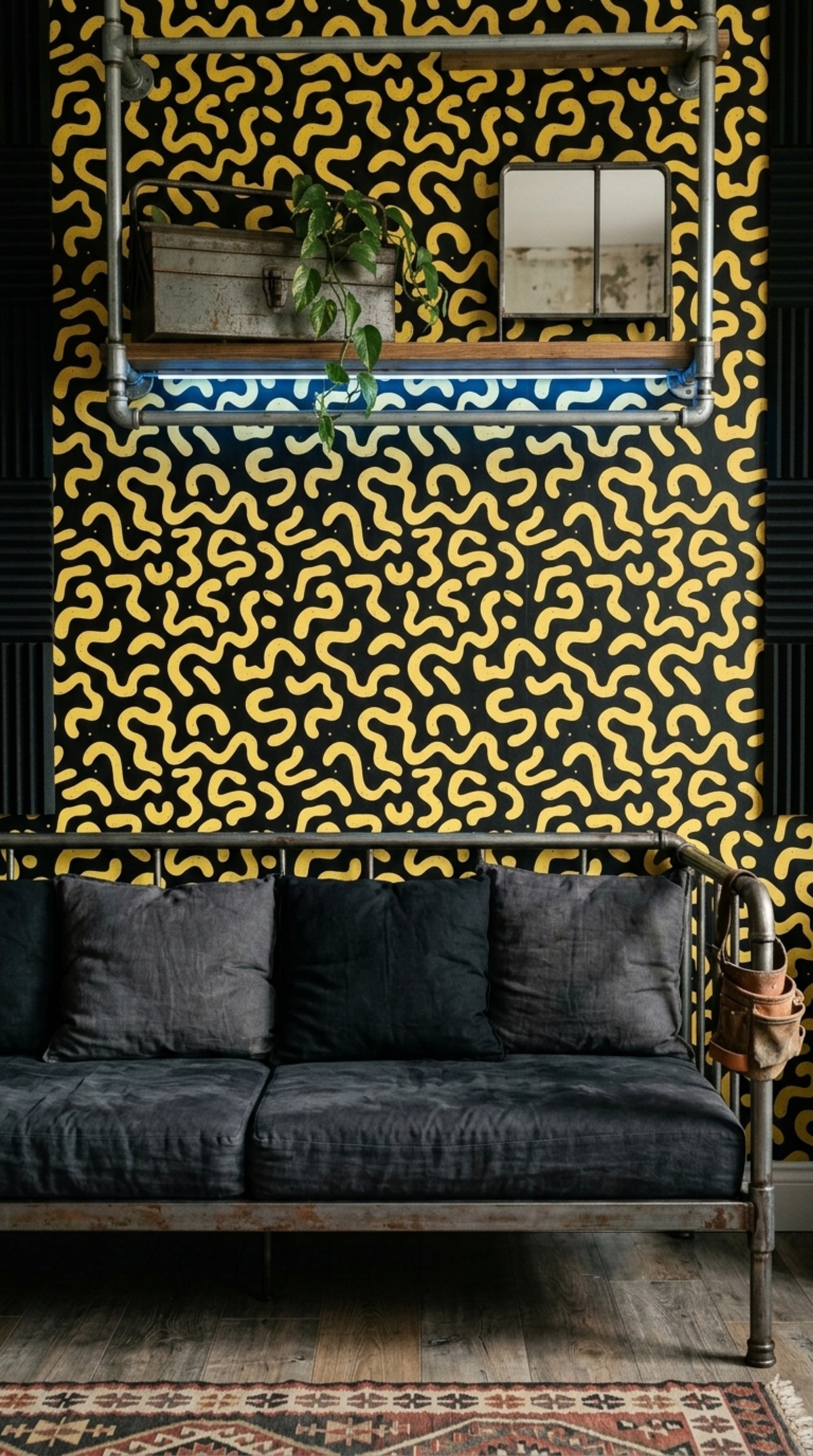 Sarı Siyah Soyut Desenli Duvar Kağıdı Modern Salon