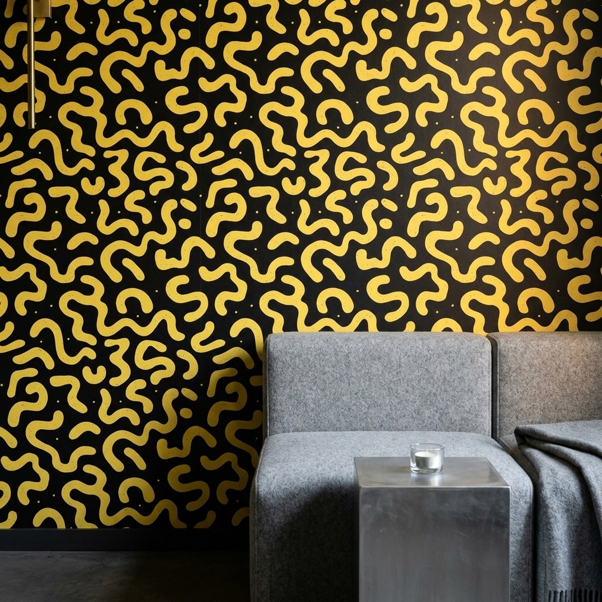 Sarı Siyah Soyut Desenli Duvar Kağıdı Modern Salon