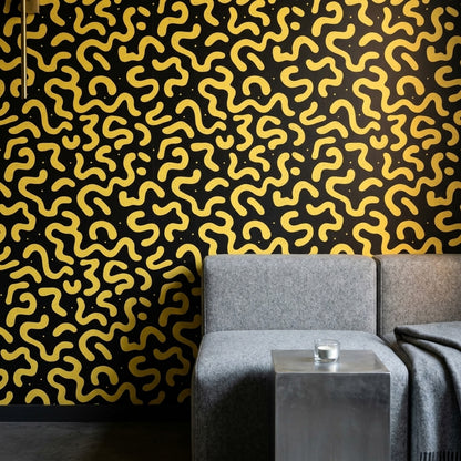Sarı Siyah Soyut Desenli Duvar Kağıdı Modern Salon