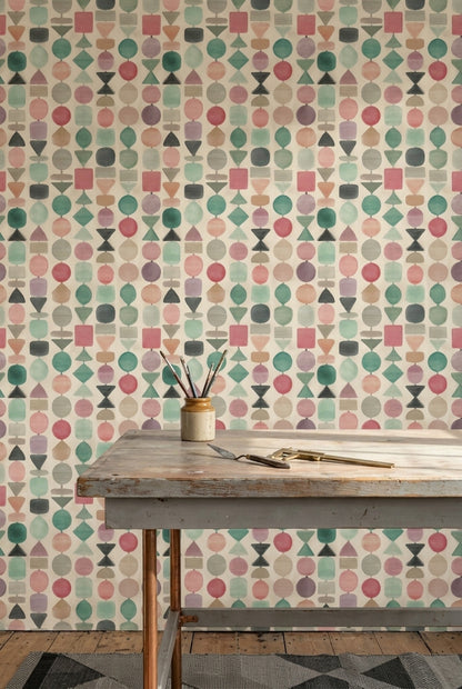 Renkli Geometrik Duvar Kağıdı Pastel Desenli Salon Dekoru
