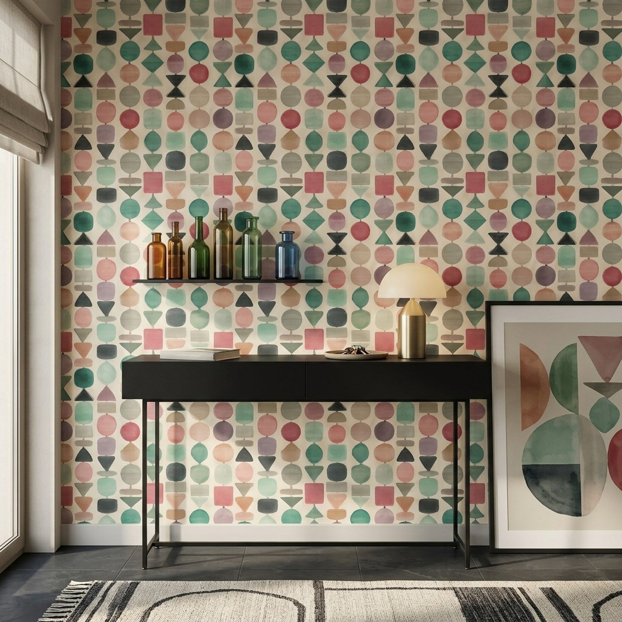 Renkli Geometrik Duvar Kağıdı Pastel Desenli Salon Dekoru