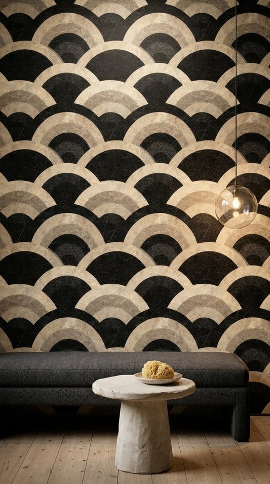 Art Deco Kemer Desenli Duvar Kağıdı Siyah Bej Salon