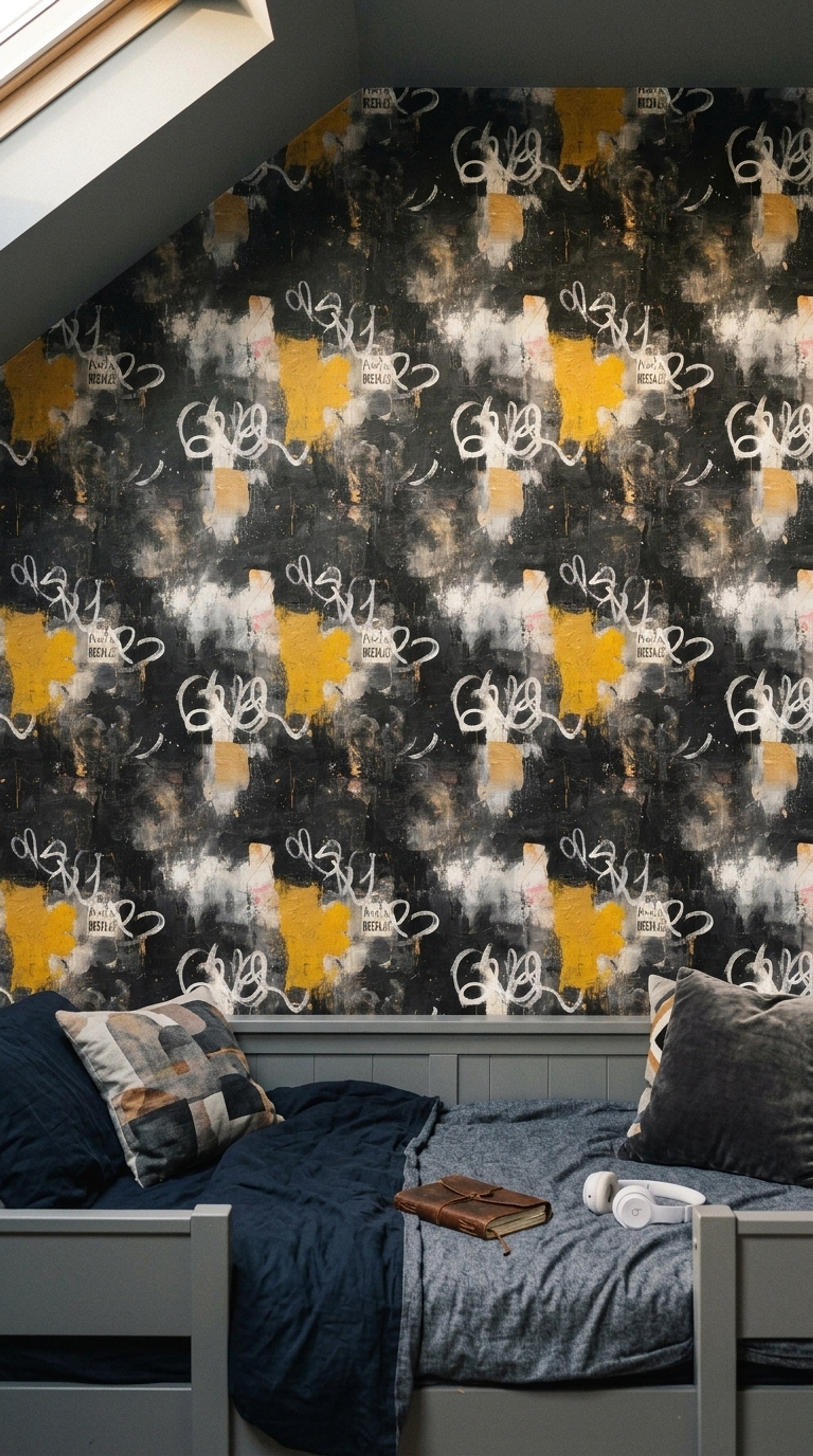 Soyut Graffiti Duvar Kağıdı Siyah Sarı Modern Desenli