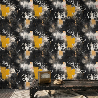 Soyut Graffiti Duvar Kağıdı Siyah Sarı Modern Desenli