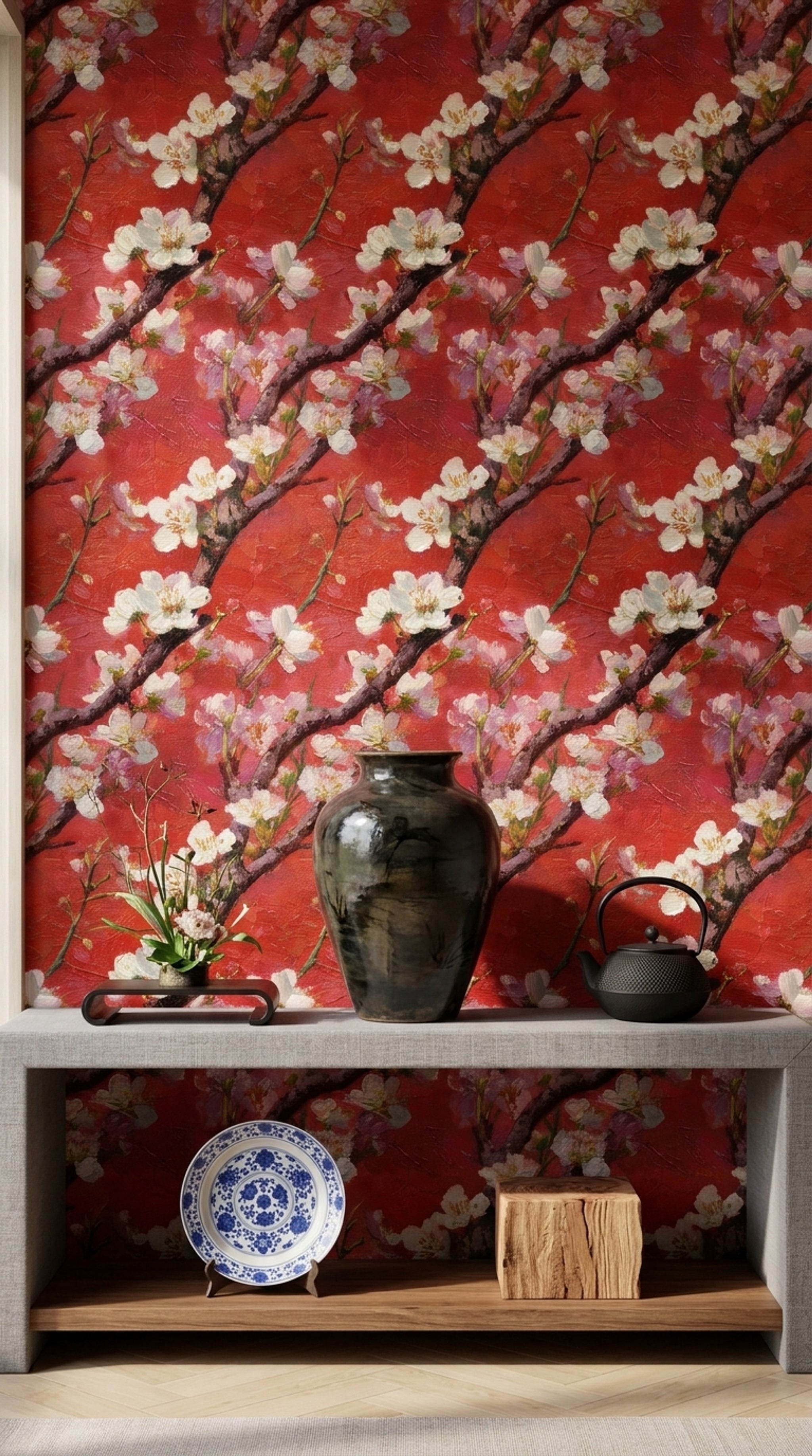 Kırmızı Zeminli Sakura Çiçekli Duvar Kağıdı Salon Dekoru
