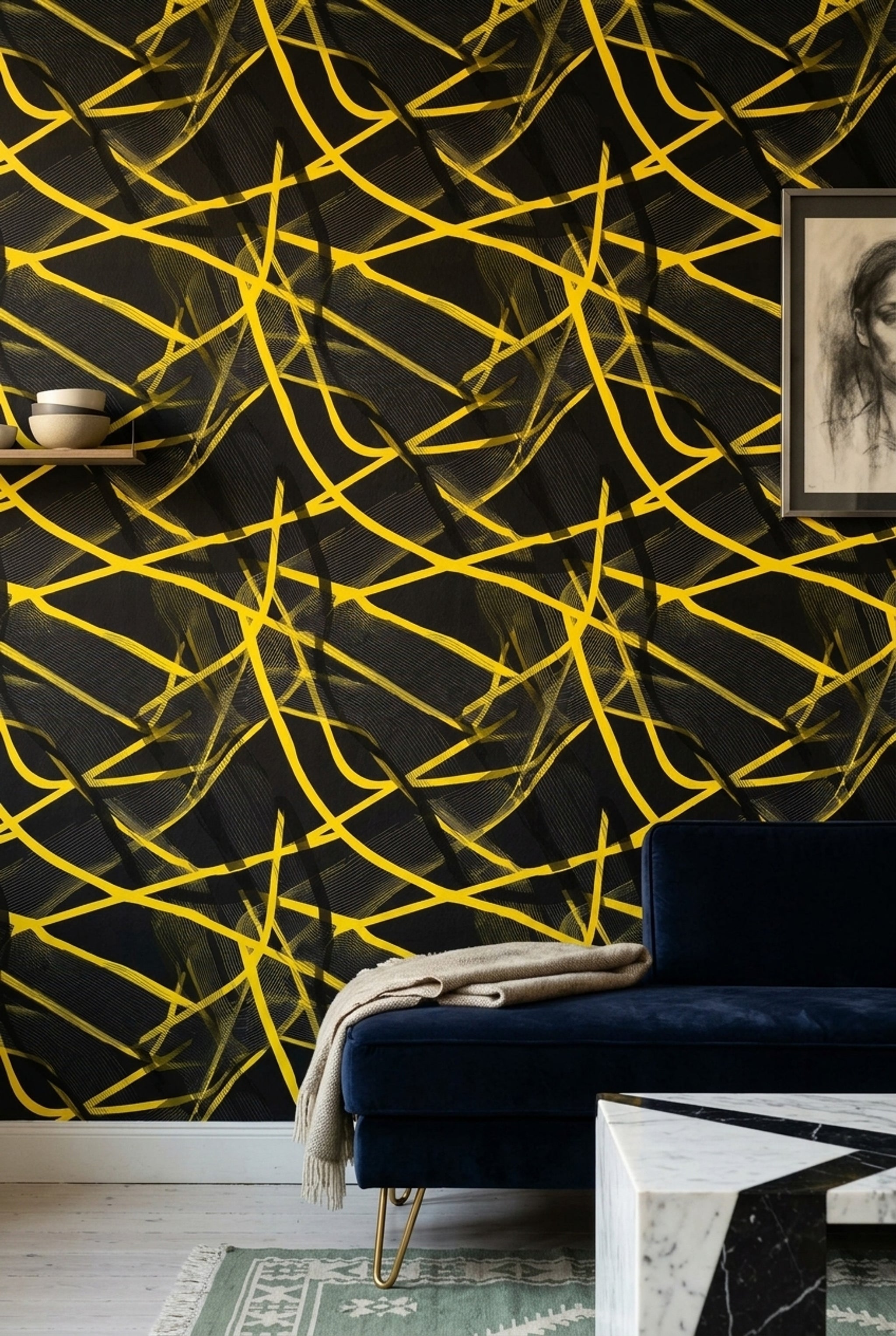Siyah Altın Çizgili Geometrik Duvar Kağıdı Modern Salon